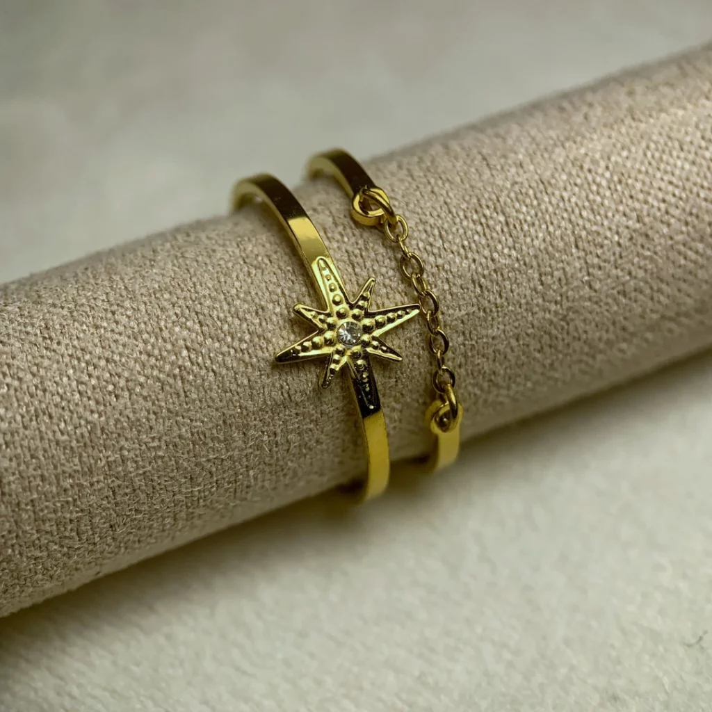 bague ajustable deux étages avec étoile et chaînette